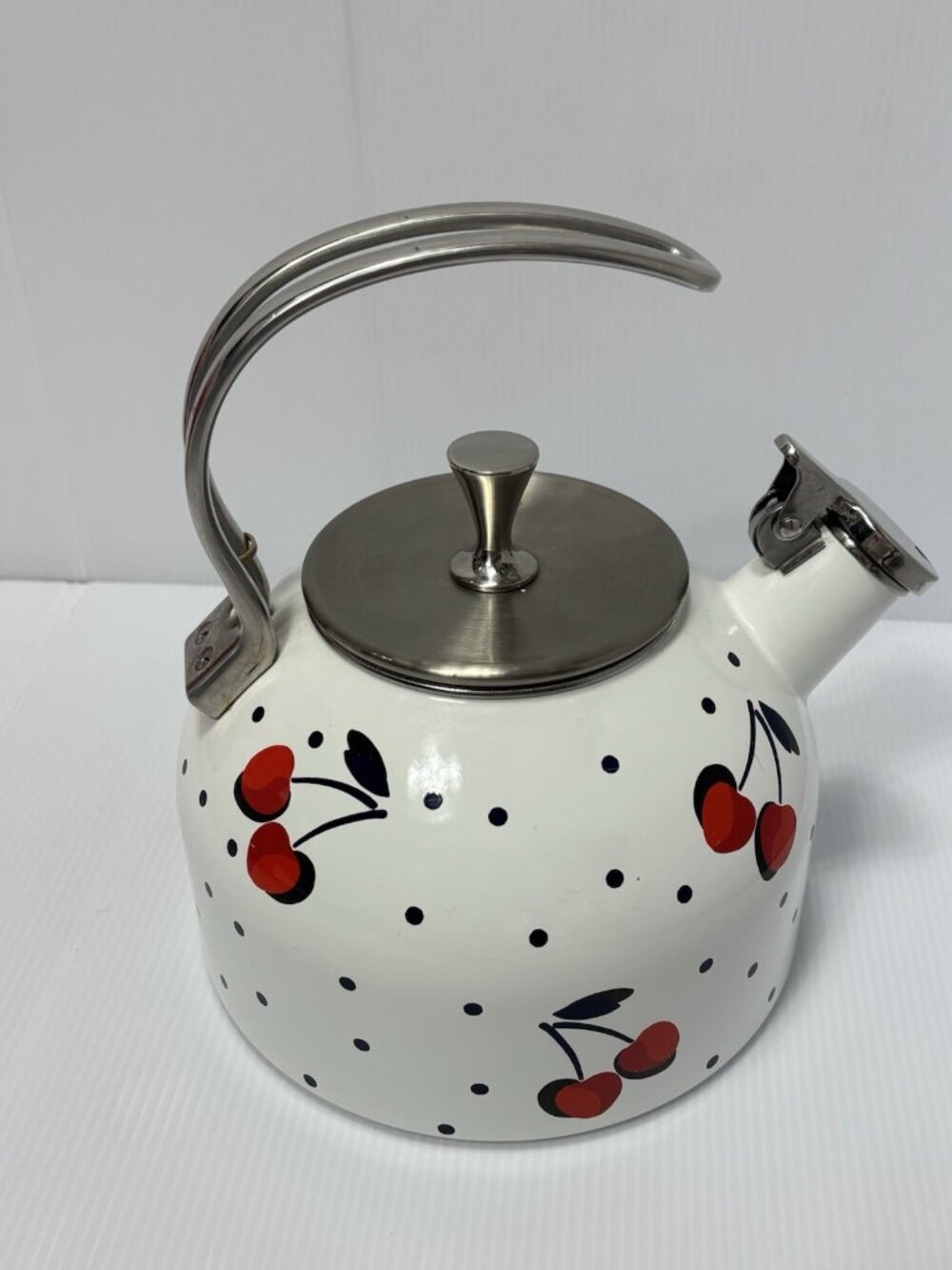 Kate Spade Cherry Polka Dot Tea Kettle White Enamel On Steel Decorative -As Is! - Picture 6 of 16